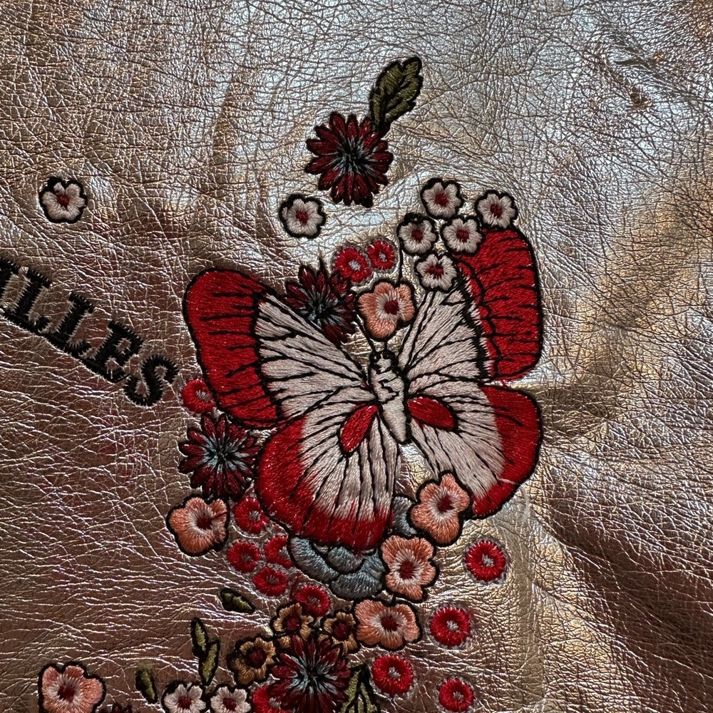 Zara Outerwear Silver Metallic Bomber Jacket Embroider Floral Butterflies Size M - Picture 6 of 15